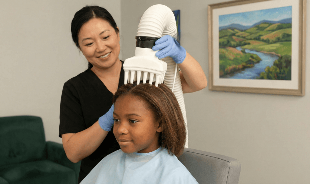 Heated-air lice treatment device in use